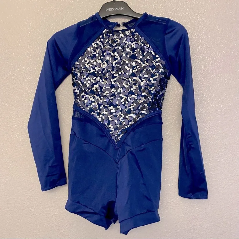 WEISSMAN Dance Costume navy blue sequin long sleeve High Hopes 11964 child MC